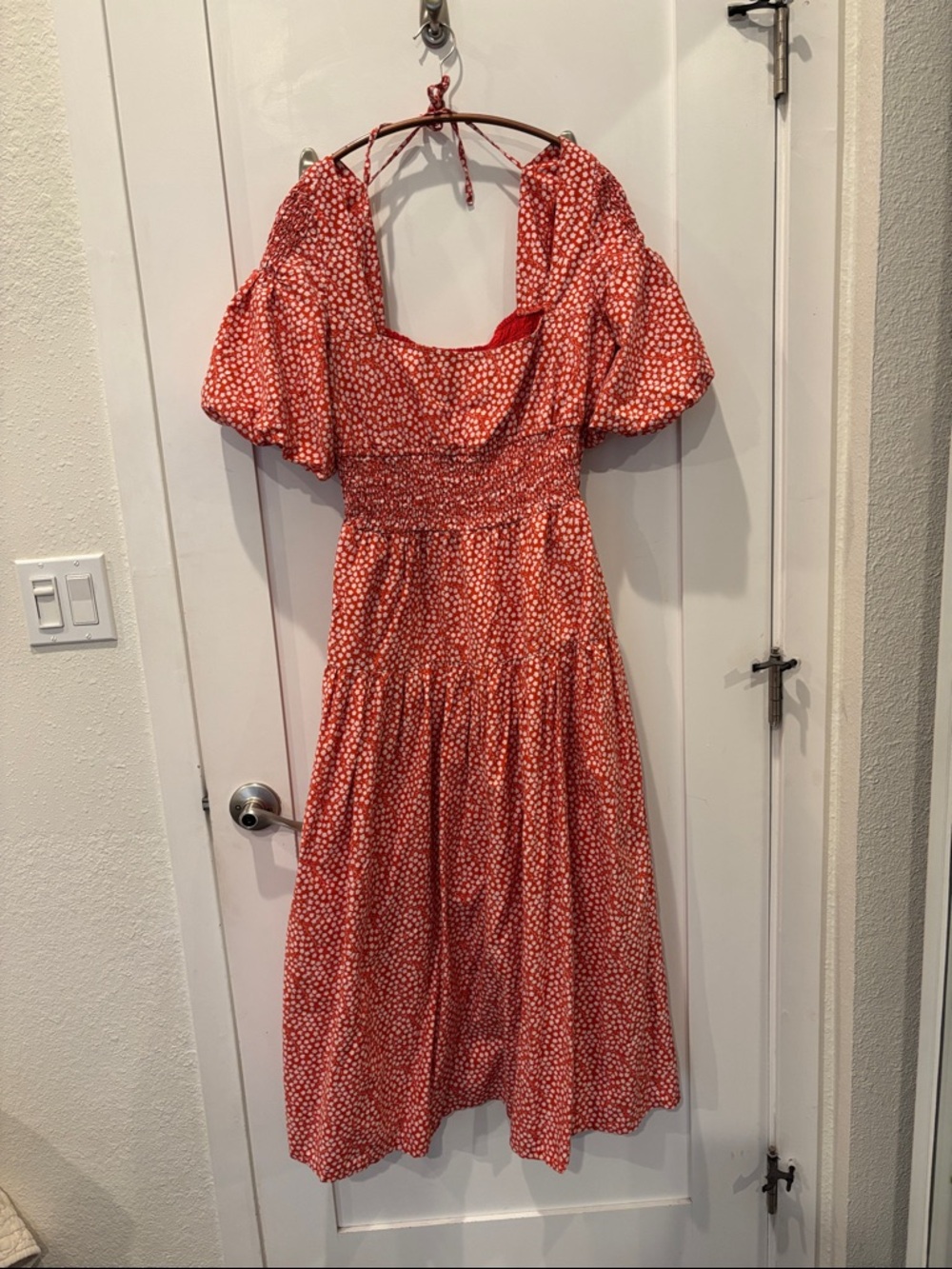 Red Puff-Sleeve Midi Dress by Anthropologie